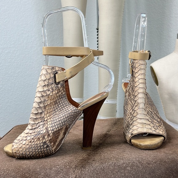 Devi Kroell Python High Heel Mule Cutout Slingback Sandal Stacked Peep Toe - Picture 5 of 11